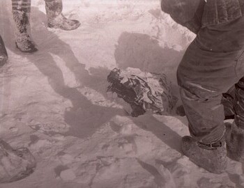 Discovery of Slobodin. Photo from Mar 5. You can see the characteristic striped gaiters of one of the searchers. Most likely this is Karelin.