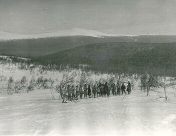 A group of hikers in search. Third from the right (in overalls) - Krylov.