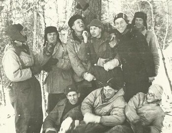 A group of serachers. Krylov-Smirnov-?- Solovyov-Bartolomey-Shkodin. Down:?-Mertsalov-Sahnin. From Gubin's archive.