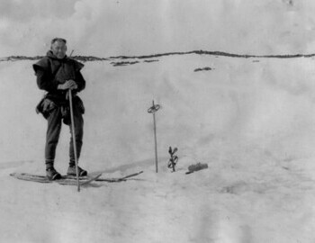 Stepan Kurikov at the location of Dyatlov group tent before the bodies were found in the stream; the place of the tent was marked with ski poles, to which the "buoy" was tied. 