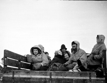 Jan 26 - Vizhay. In the back of the truck. Doroshenko, Yudin, Dyatlov, Kolmogorova, Thibeaux-Brignolle, Dubinina, (Kolevatov), Zolotaryov, and Slobodin.