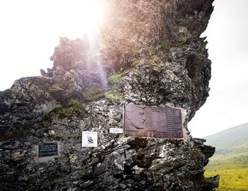 Dyatlov group memorial plaque on Kholat Syakhl mountain, Northern Urals